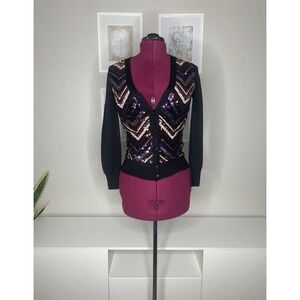 Trina Turk Cardigan Women's Small Black 100% Merino Wool  Embellished Sequin